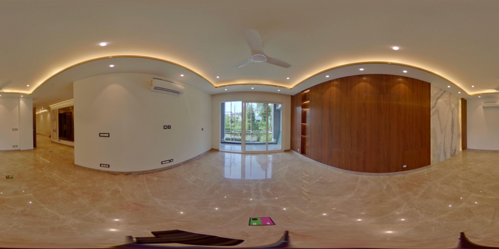 Figure 1: An example of Equirectangular image clicked at the entry of a house showing the living room. (Source: Image by the author)