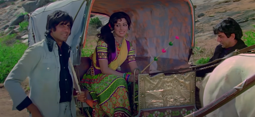 A screenshot from the legendary Indian movie Sholay (released in 1975). The girl in the picture is Basanti.