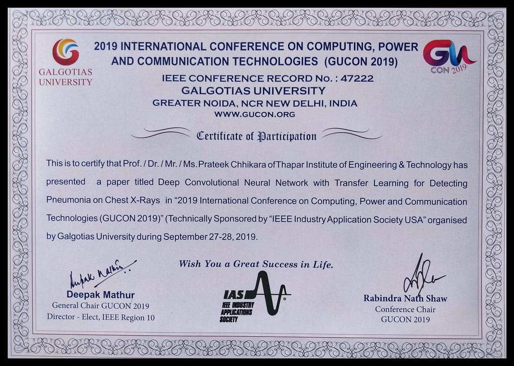 Presentation certificate for my first conference paper.